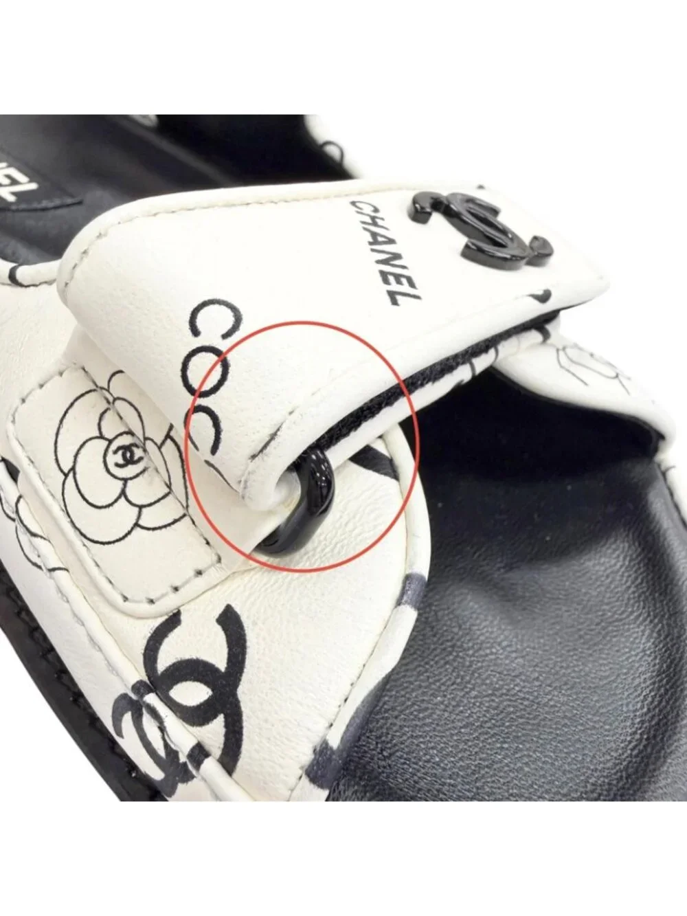 Chanel CC Logo Camellia Velcro Flat Leather Sandals White Black